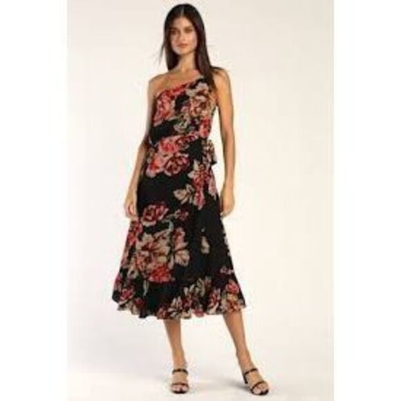 Lulu's Black and Red Floral Midi Dress - Picture 1 of 14